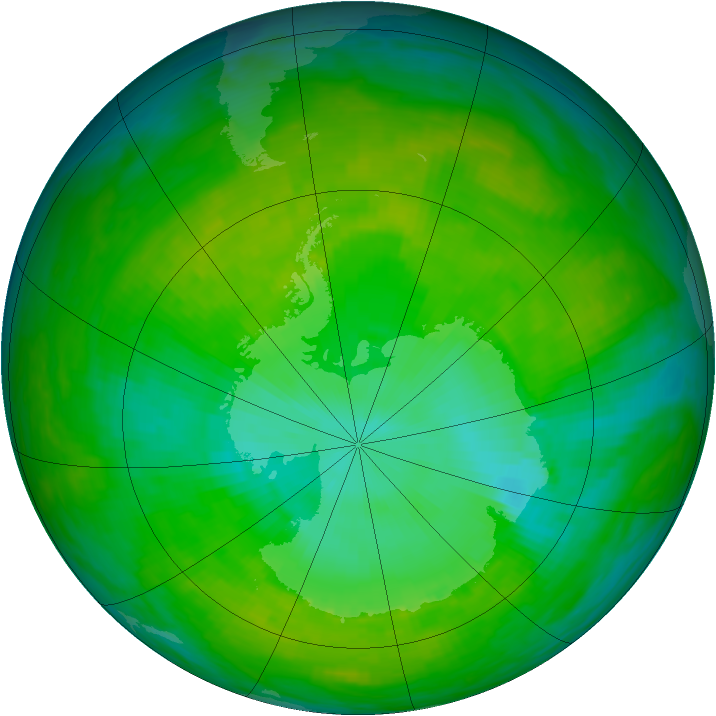 Antarctic ozone map for 25 December 1991